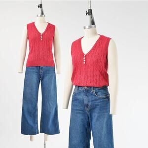 Vintage 70s 80s Dark Pink Sweater Vest V Neck Shetland Wool Sleeveless Top XS S